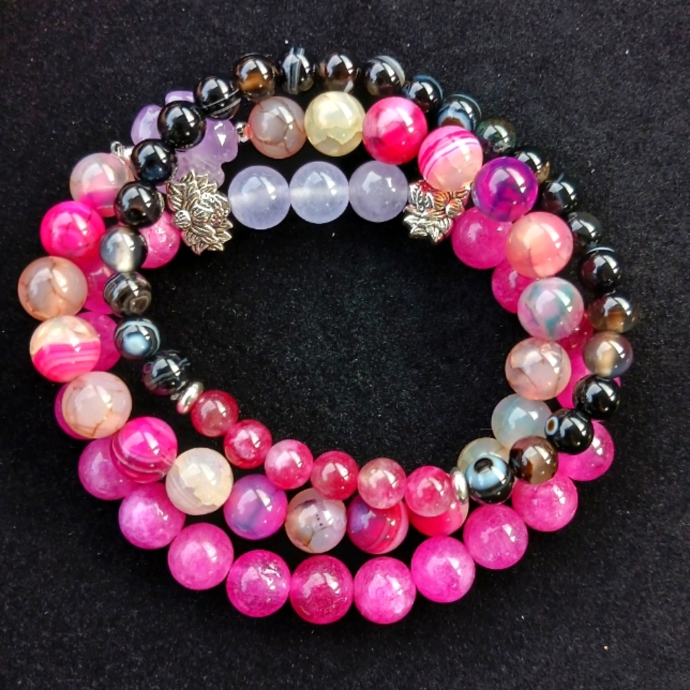 Watermelon Tourmaline Jade Agate Gemstone beaded stretch bracelets set